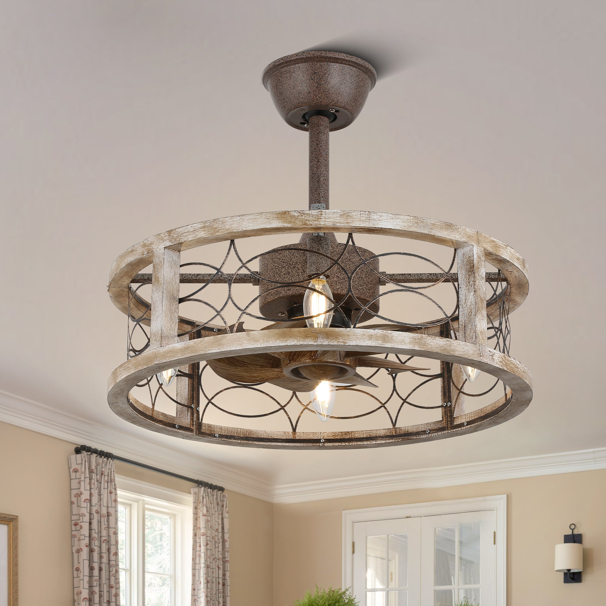 BD1807-BellaDepot 18.1" Farmhouse Distressed Metal Caged Reversible Ceiling Fan with 4 Lights and Remote