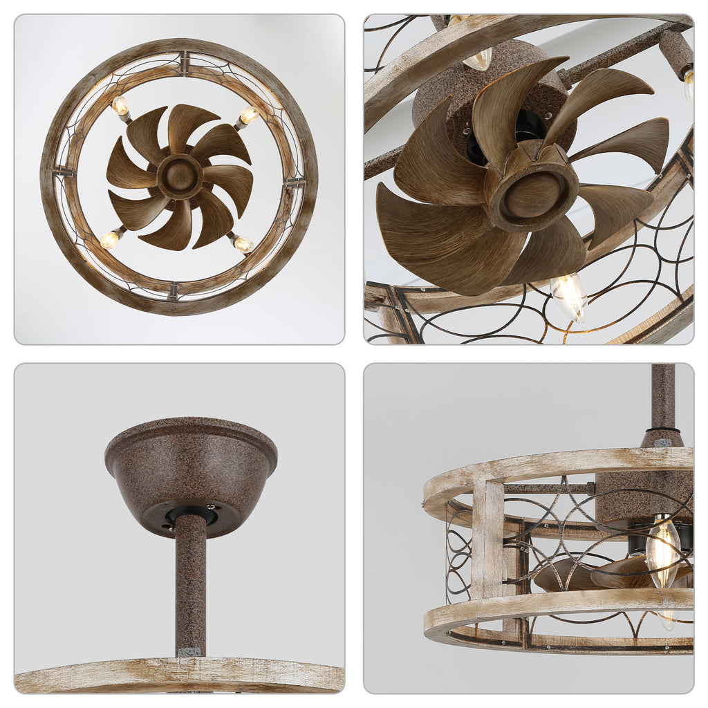18 Inch Farmhouse Distressed Metal Caged Ceiling Fan with Lights and Remote, 6 Speeds DC Motor Bladeless Fandelier Ceiling Fan