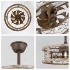 18 Inch Farmhouse Distressed Metal Caged Ceiling Fan with Lights and Remote, 6 Speeds DC Motor Bladeless Fandelier Ceiling Fan
