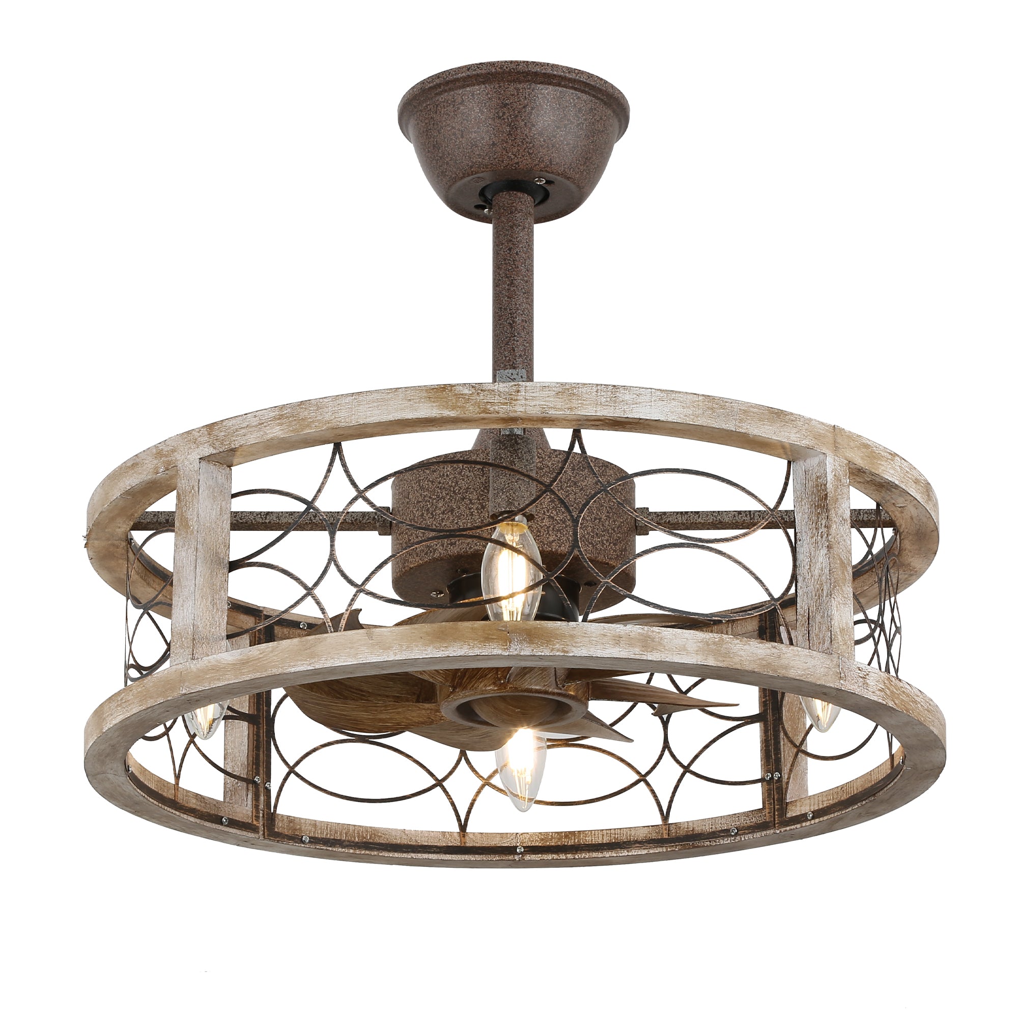 18 Inch Farmhouse Distressed Metal Caged Ceiling Fan with Lights and Remote, 6 Speeds DC Motor Bladeless Fandelier Ceiling Fan