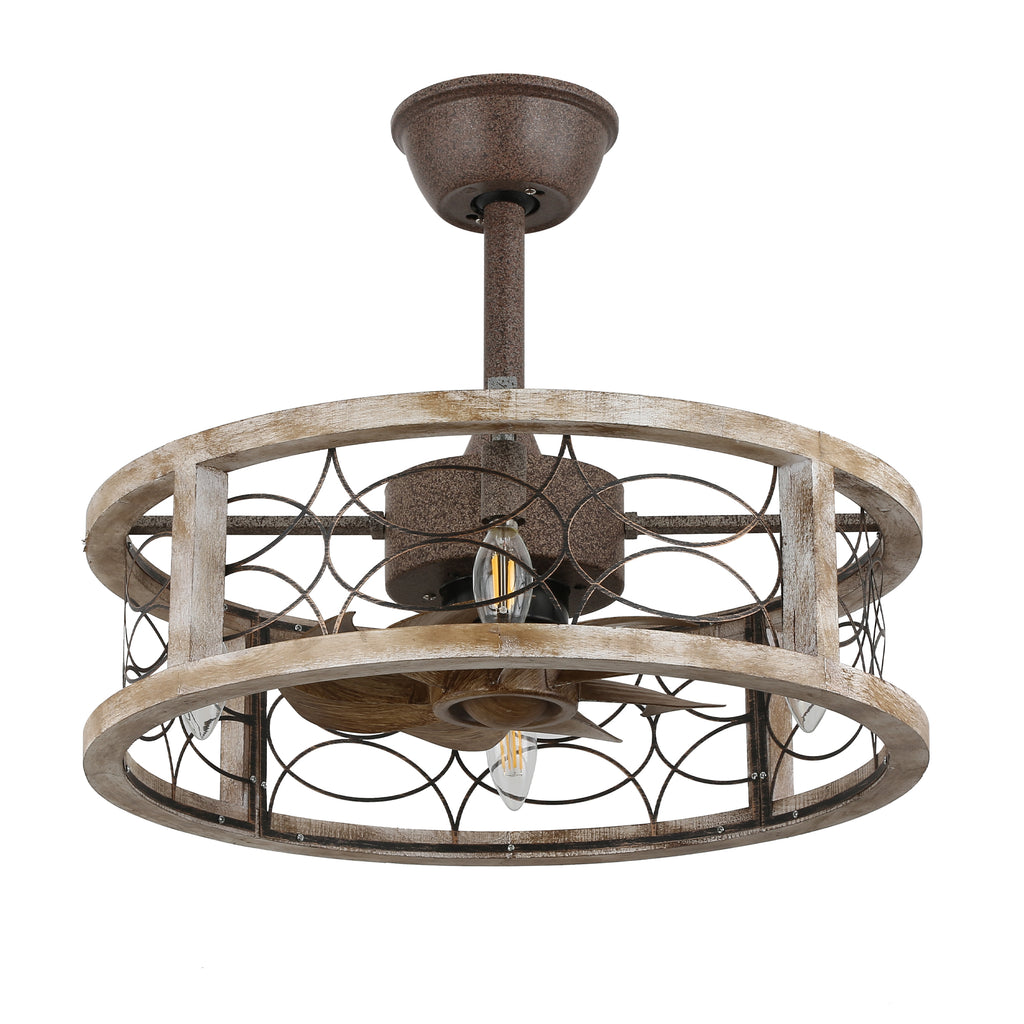18 Inch Farmhouse Distressed Metal Caged Ceiling Fan with Lights and Remote, 6 Speeds DC Motor Bladeless Fandelier Ceiling Fan