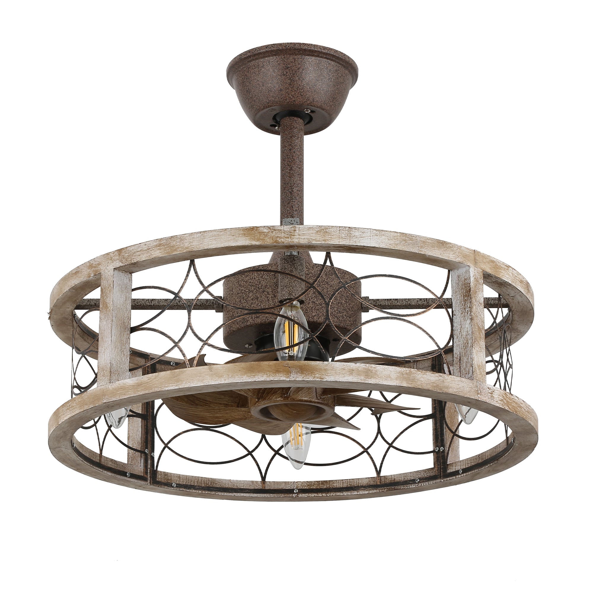 18 Inch Farmhouse Distressed Metal Caged Ceiling Fan with Lights and Remote, 6 Speeds DC Motor Bladeless Fandelier Ceiling Fan