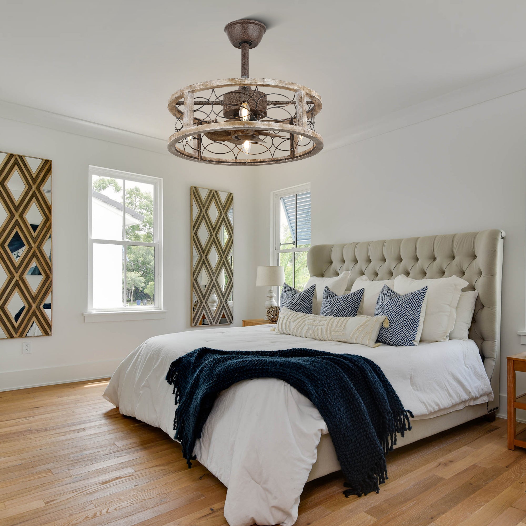 BD1807-BellaDepot 18.1" Farmhouse Distressed Metal Caged Reversible Ceiling Fan with 4 Lights and Remote