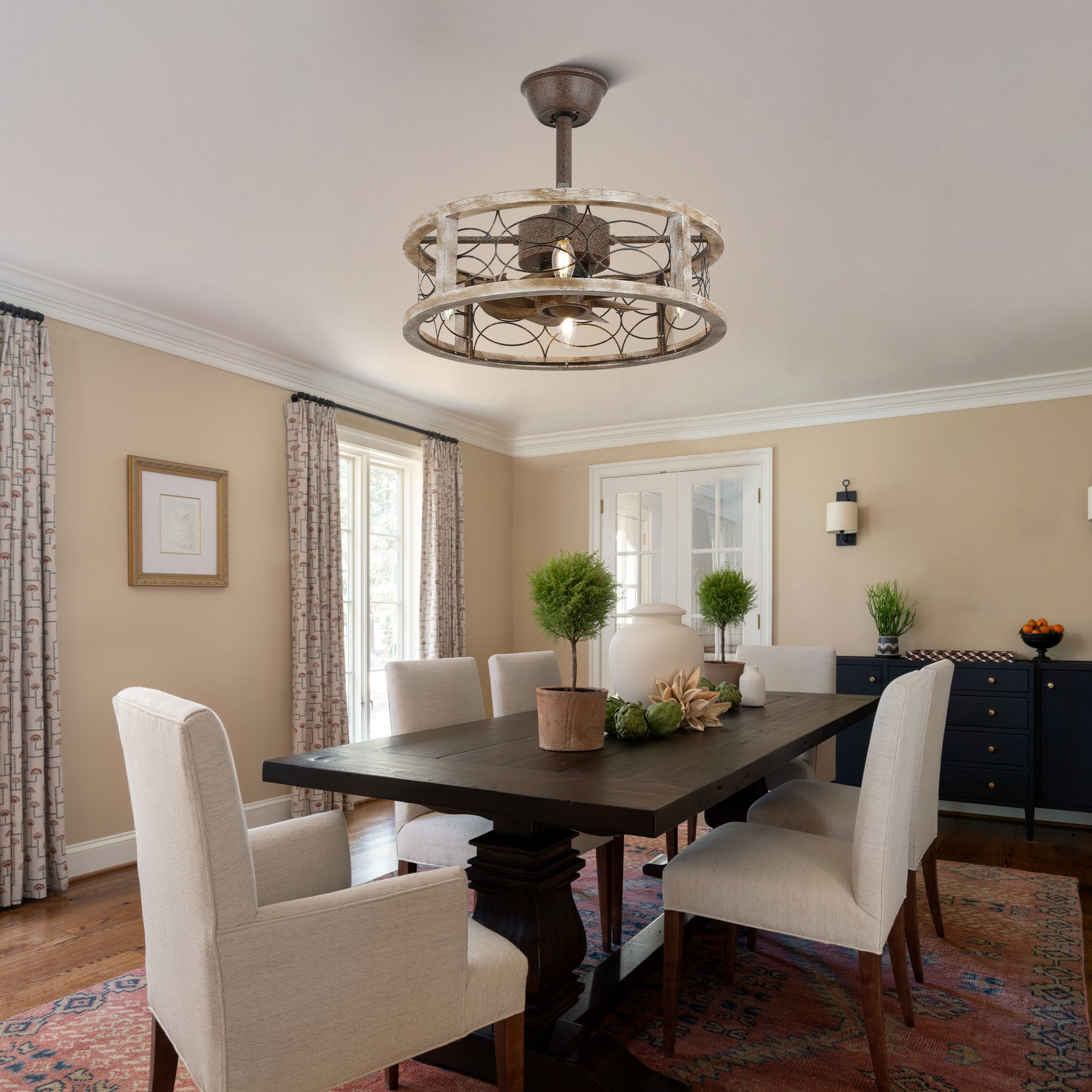 BD1807-BellaDepot 18.1" Farmhouse Distressed Metal Caged Reversible Ceiling Fan with 4 Lights and Remote