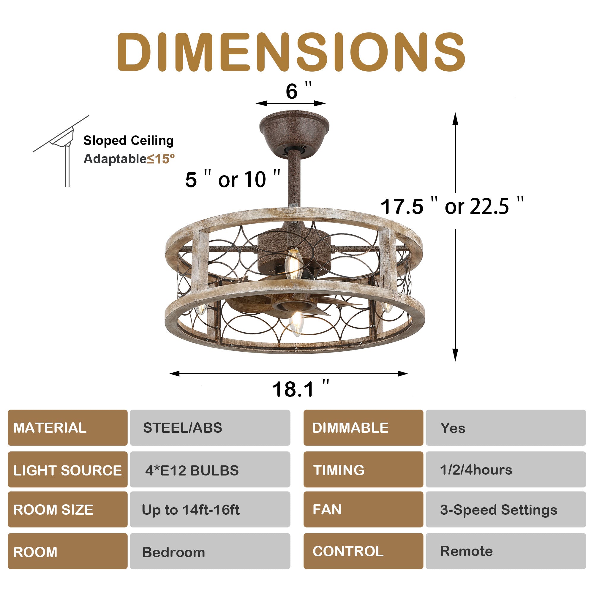 BD1807-BellaDepot 18.1" Farmhouse Distressed Metal Caged Reversible Ceiling Fan with 4 Lights and Remote