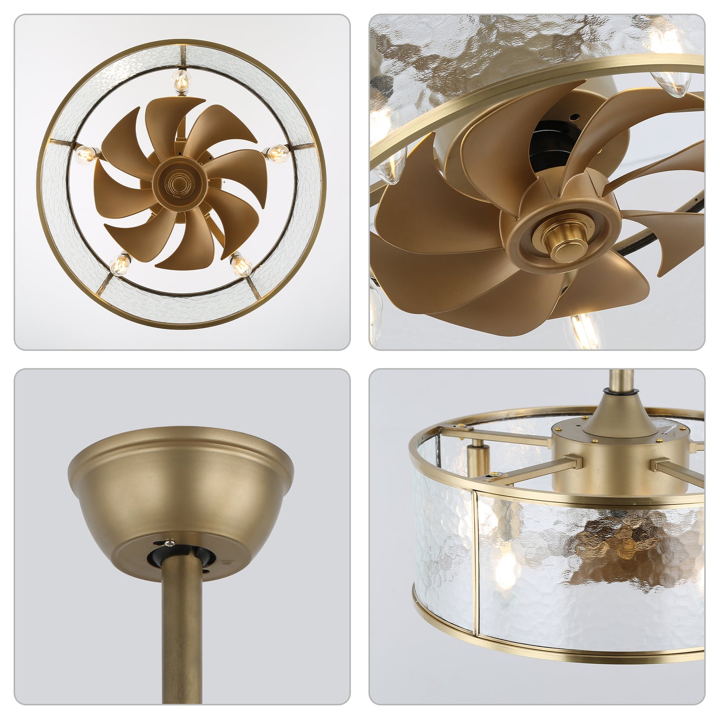 BD1810 - 18 in. Glass Gold Caged Ceiling Fan with Light Kit and Remote