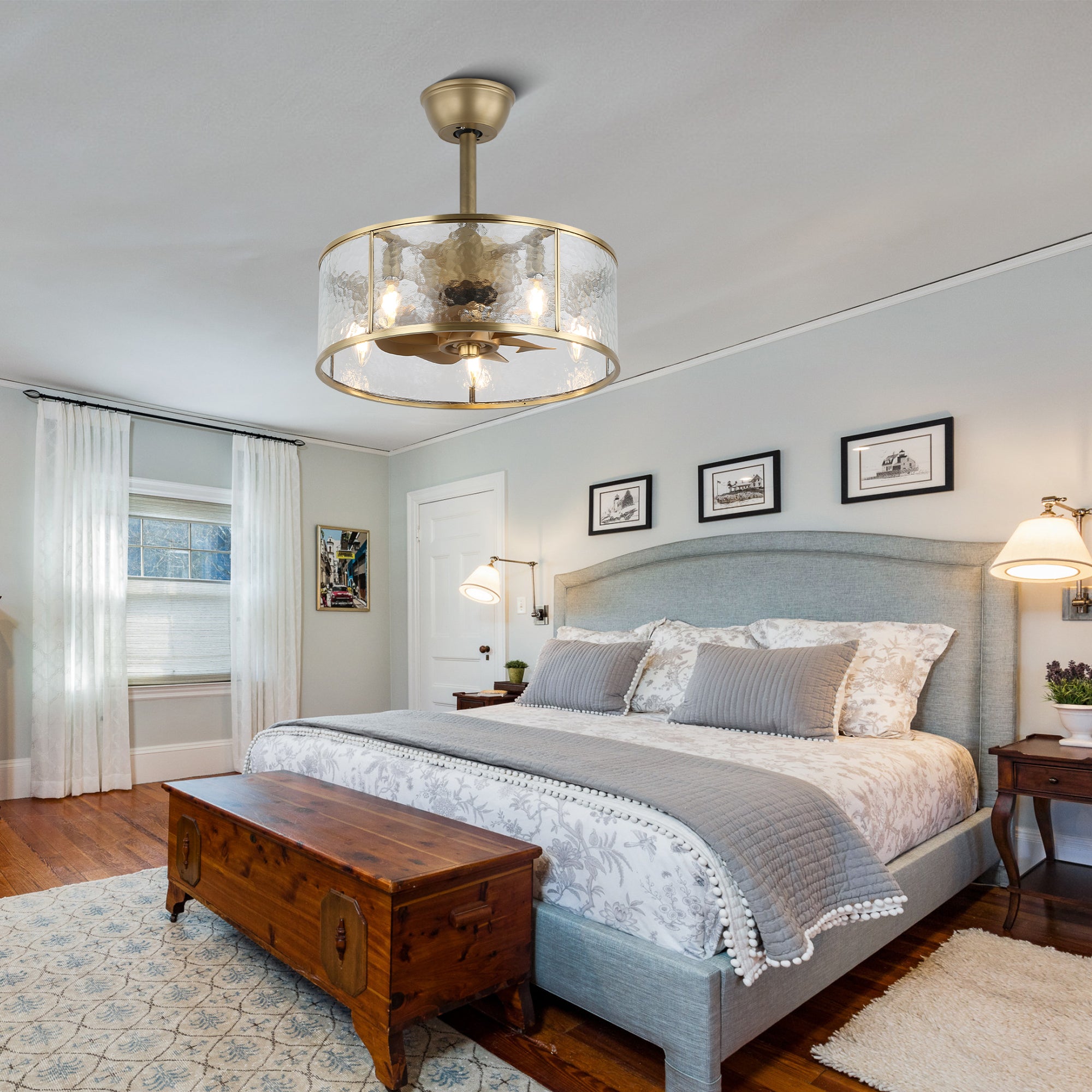 BD1810-BellaDepot 17.7" Luxury Golden Glass Caged Reversible Ceiling Fan with 5 Lights and Remote