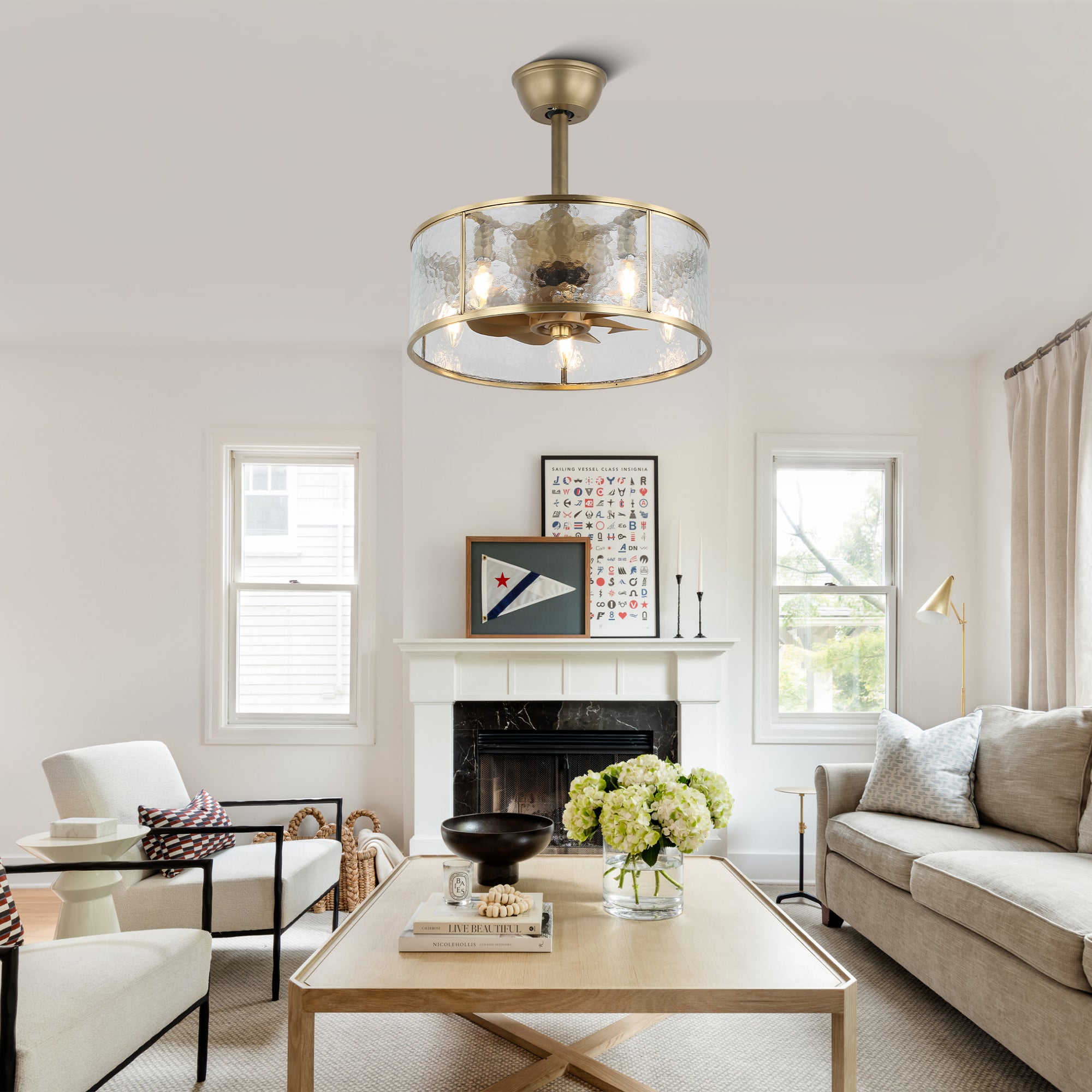 BD1810-BellaDepot 17.7" Luxury Golden Glass Caged Reversible Ceiling Fan with 5 Lights and Remote