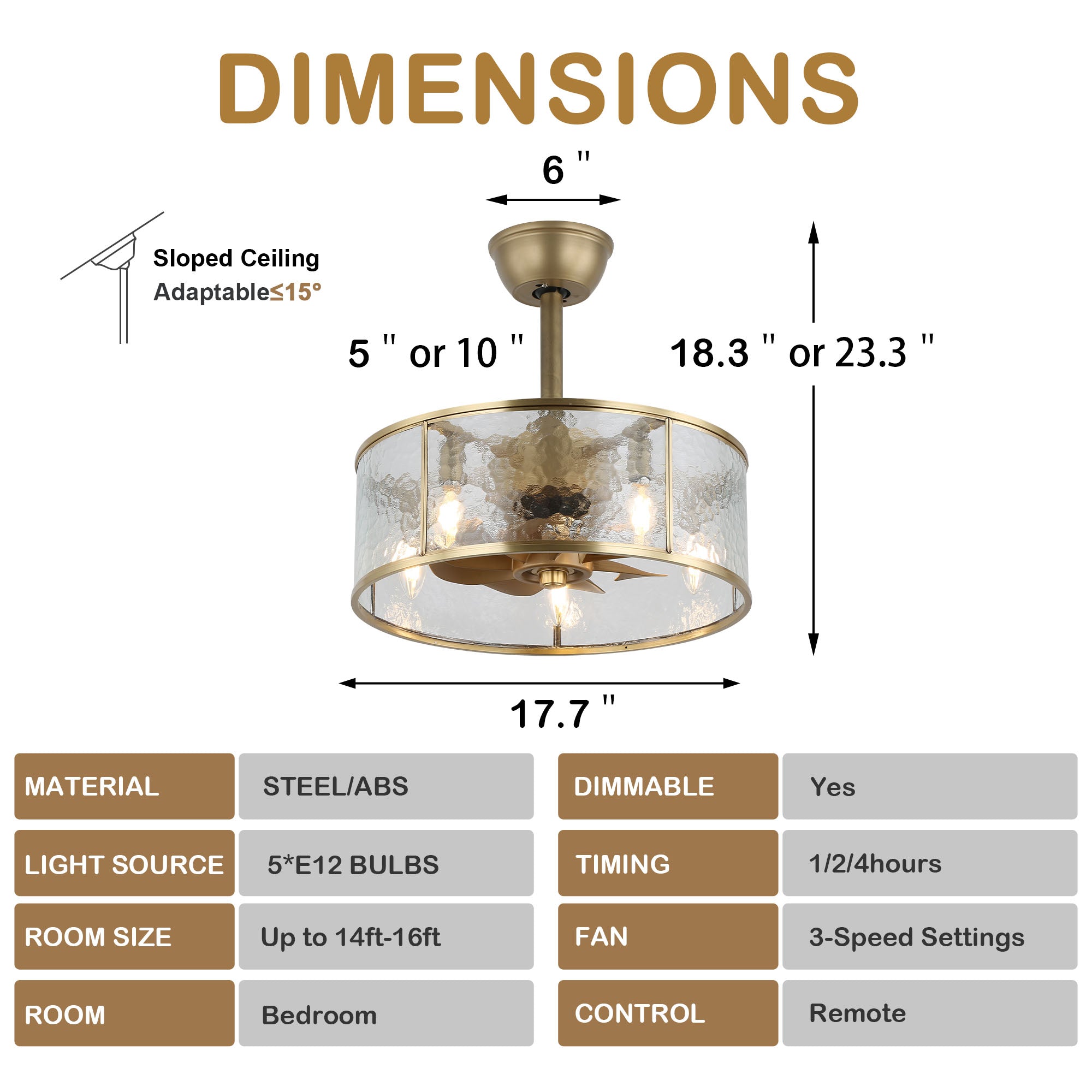 BD1810-BellaDepot 17.7" Luxury Golden Glass Caged Reversible Ceiling Fan with 5 Lights and Remote