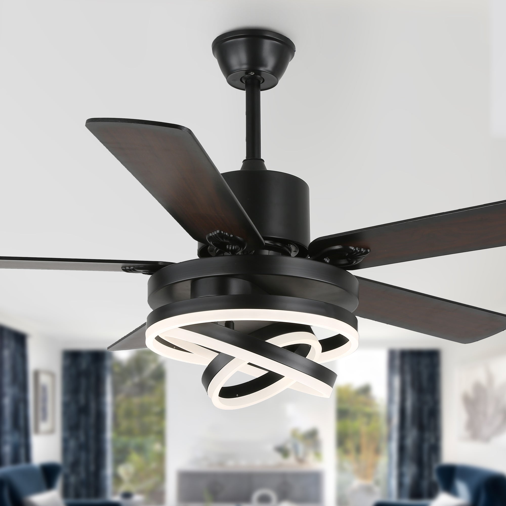 DC2062-BellaDepot 52" Black/Silver Finish Dimmable Ceiling Fan with Remote and LED Light Kit Included, 6-speed Ceiling Fan