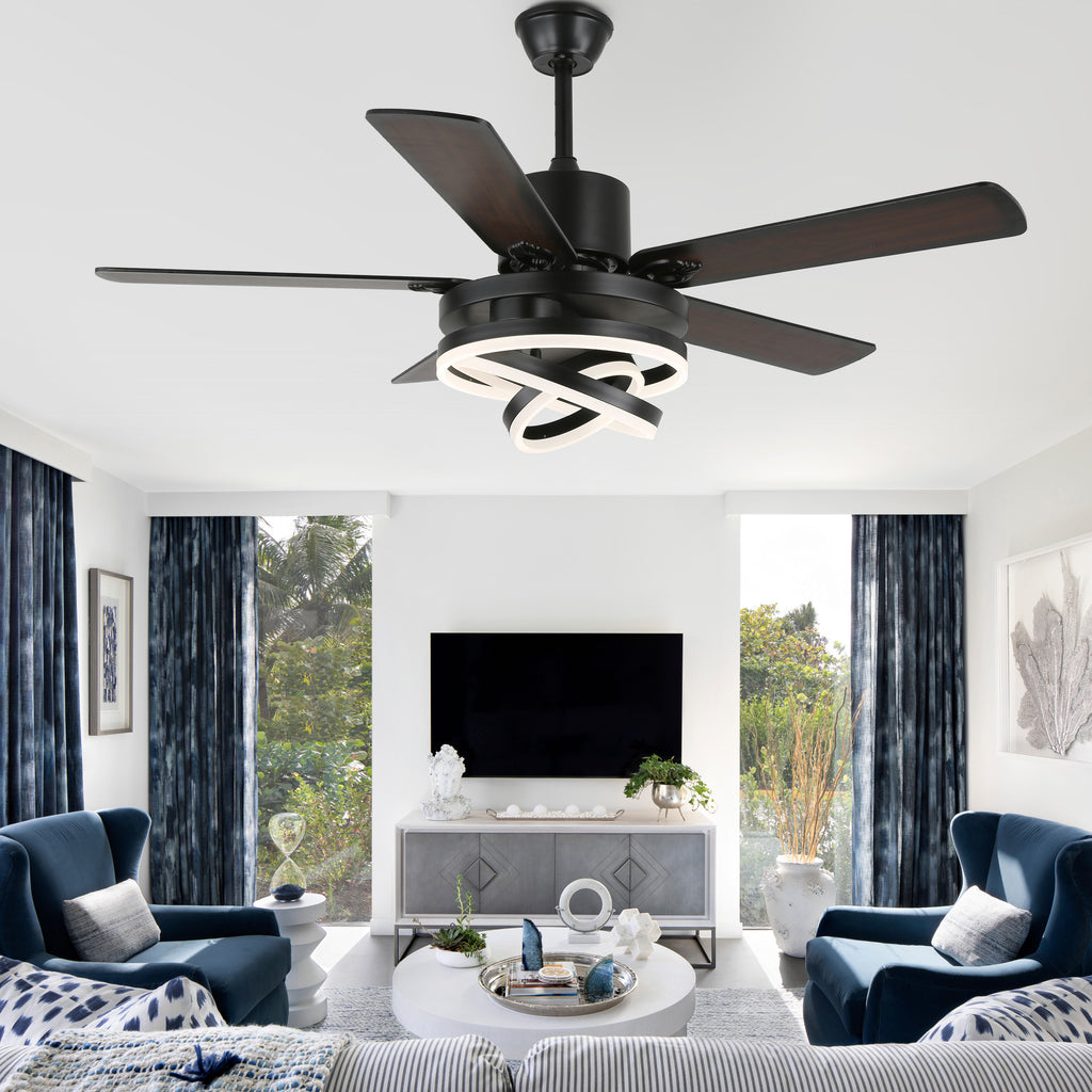 52 Inch Black/Chrome Modern Ceiling Fan with LED Light and Remote Control, 6 Speeds DC Motor Reversible Ceiling Fan with DIY Shade
