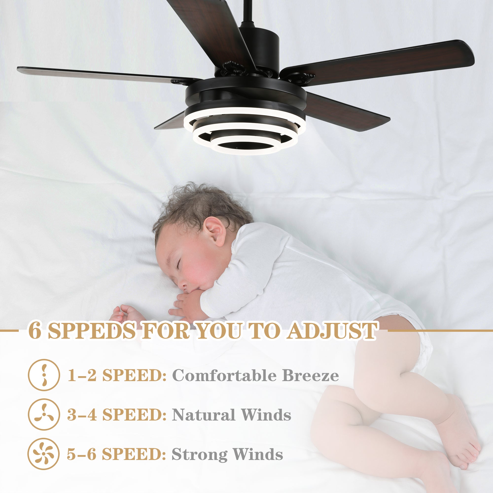 52 Inch Black/Chrome Modern Ceiling Fan with LED Light and Remote Control, 6 Speeds DC Motor Reversible Ceiling Fan with DIY Shade