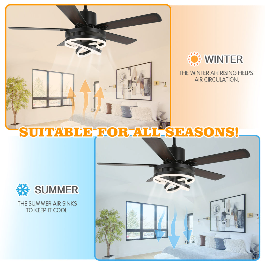 52 Inch Black/Chrome Modern Ceiling Fan with LED Light and Remote Control, 6 Speeds DC Motor Reversible Ceiling Fan with DIY Shade