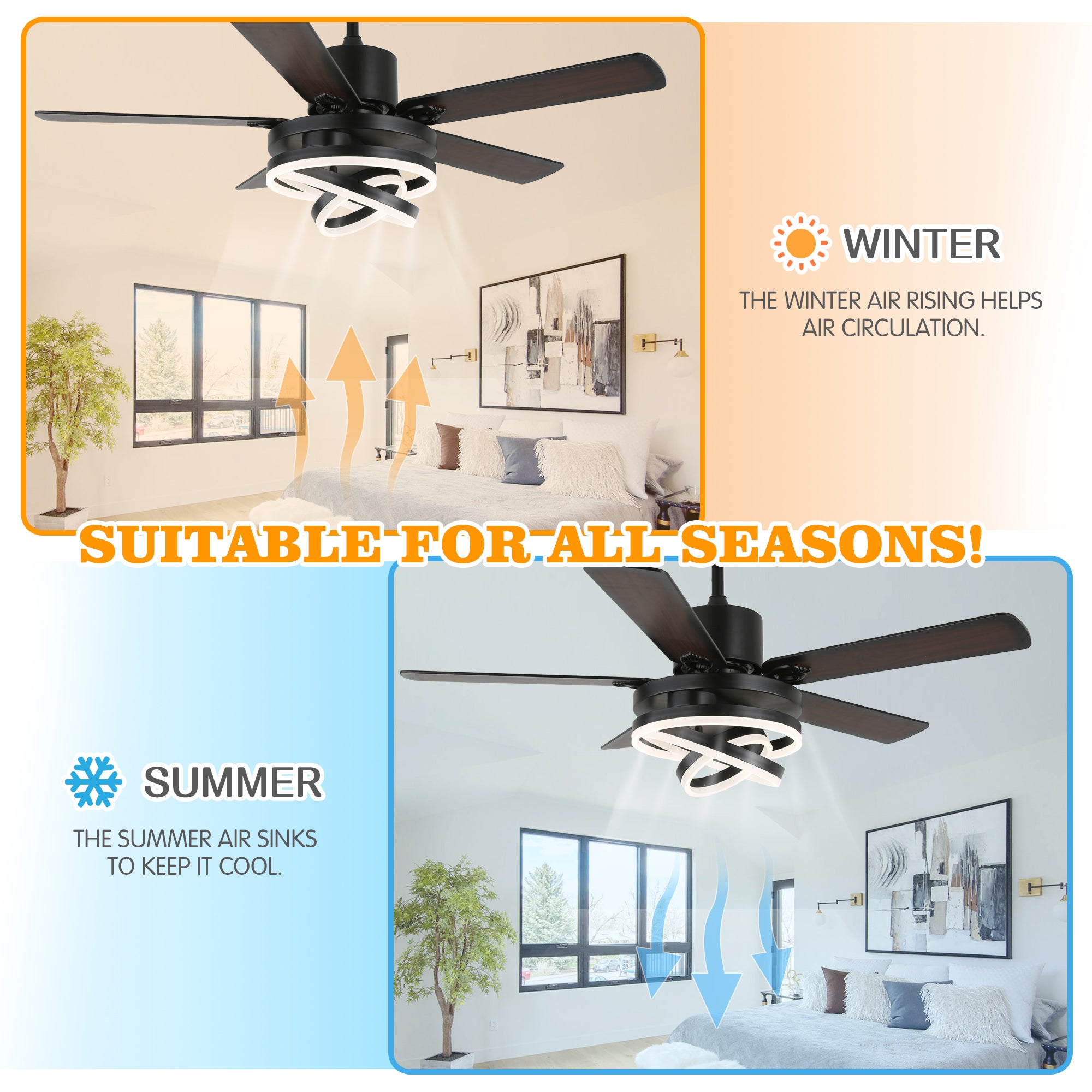 52 Inch Black/Chrome Modern Ceiling Fan with LED Light and Remote Control, 6 Speeds DC Motor Reversible Ceiling Fan with DIY Shade