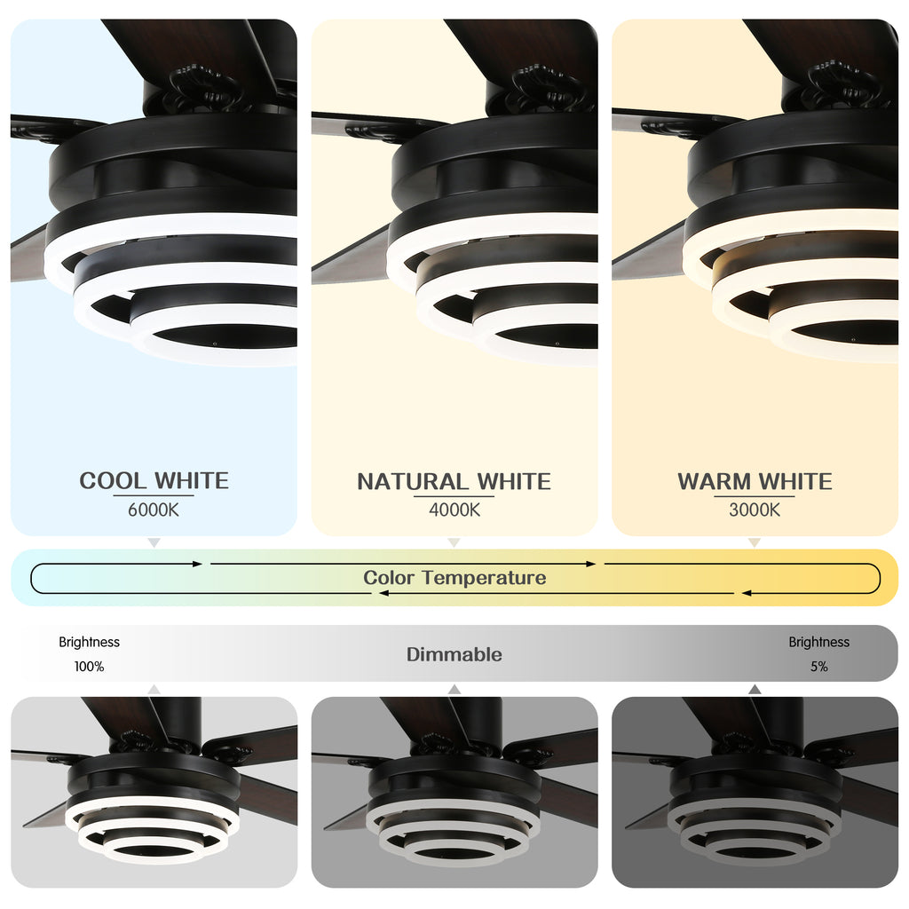 52 Inch Black/Chrome Modern Ceiling Fan with LED Light and Remote Control, 6 Speeds DC Motor Reversible Ceiling Fan with DIY Shade