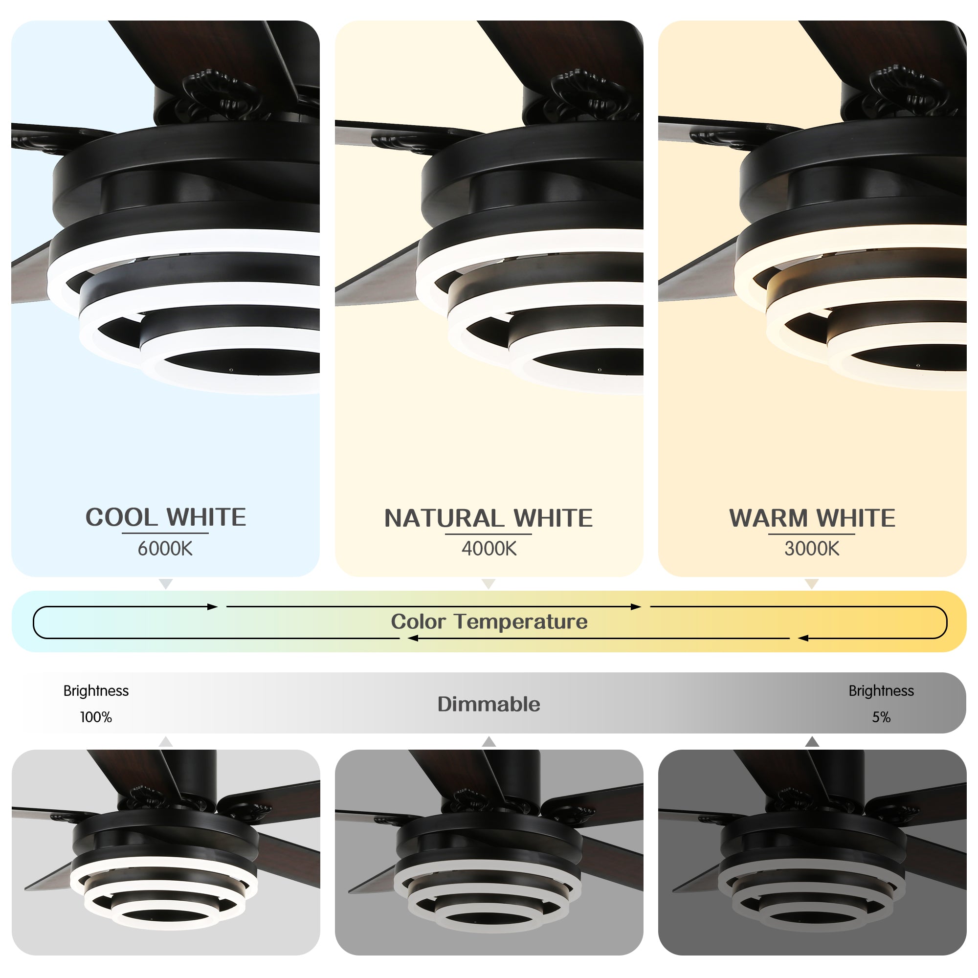 52 Inch Black/Chrome Modern Ceiling Fan with LED Light and Remote Control, 6 Speeds DC Motor Reversible Ceiling Fan with DIY Shade