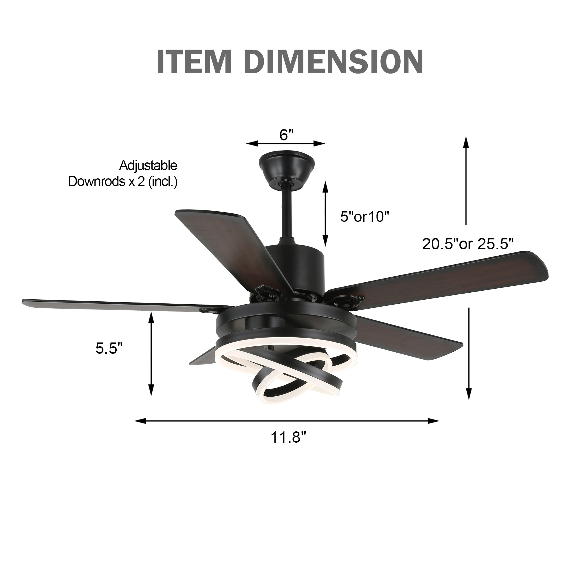 DC2062-BellaDepot 52" Black/Silver Finish Dimmable Ceiling Fan with Remote and LED Light Kit Included, 6-speed Ceiling Fan
