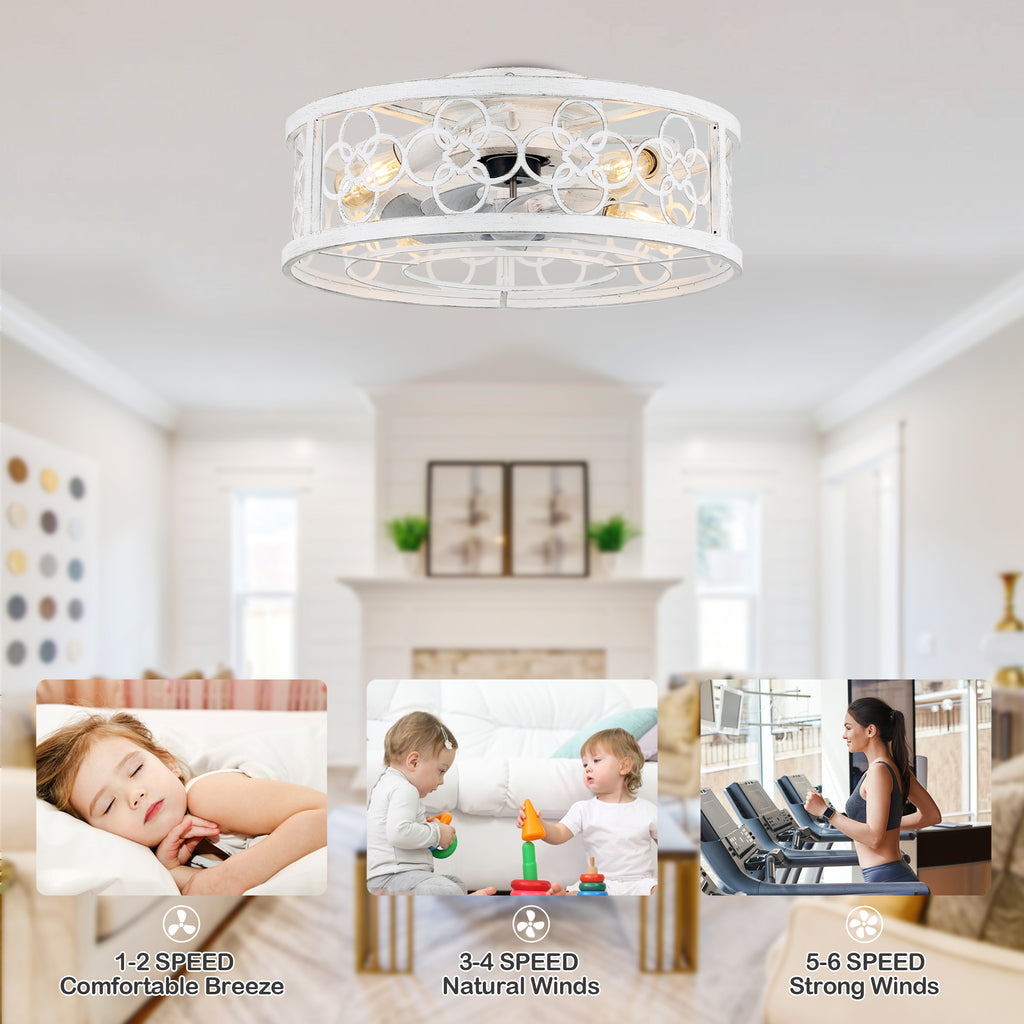 BD2073-BellaDepot 19.5" Farmhouse Distressed White Reversible Caged Ceiling Fan with 4 Lights and Remote