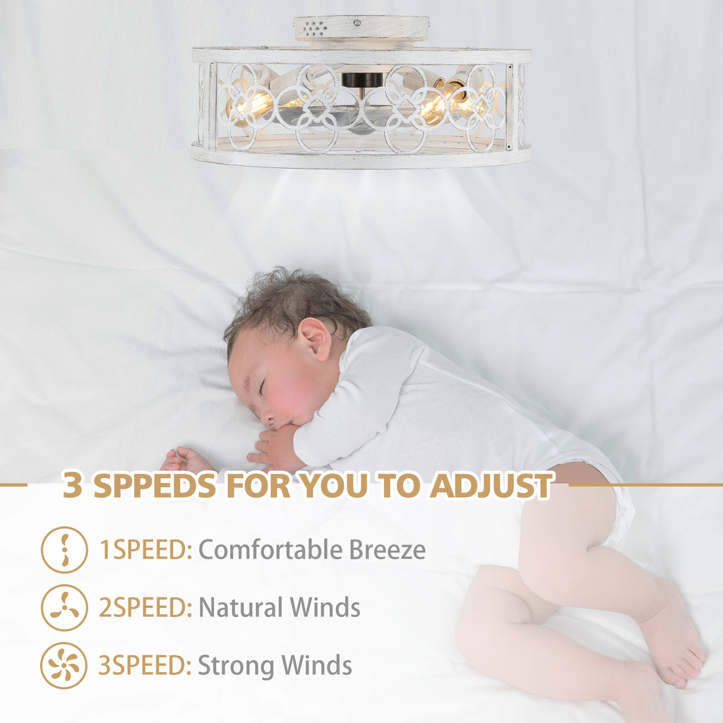 BD2073-BellaDepot 19.5" Farmhouse Distressed White Reversible Caged Ceiling Fan with 4 Lights and Remote