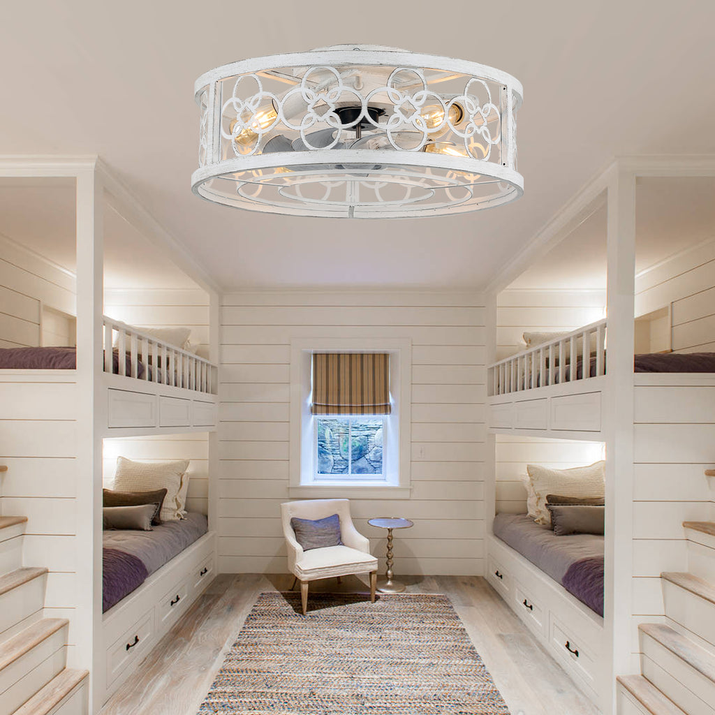 BD2073-BellaDepot 19.5" Farmhouse Distressed White Reversible Caged Ceiling Fan with 4 Lights and Remote