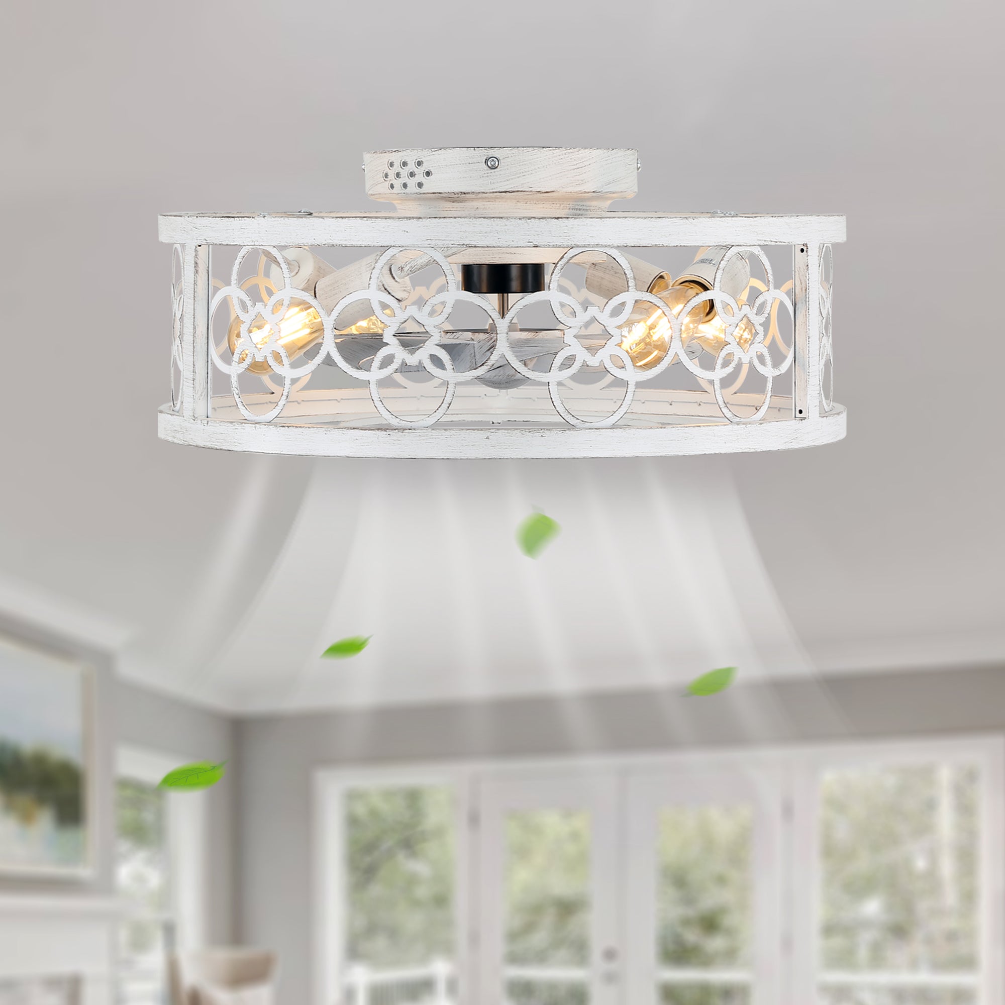 BD2073-BellaDepot 19.5" Farmhouse Distressed White Reversible Caged Ceiling Fan with 4 Lights and Remote