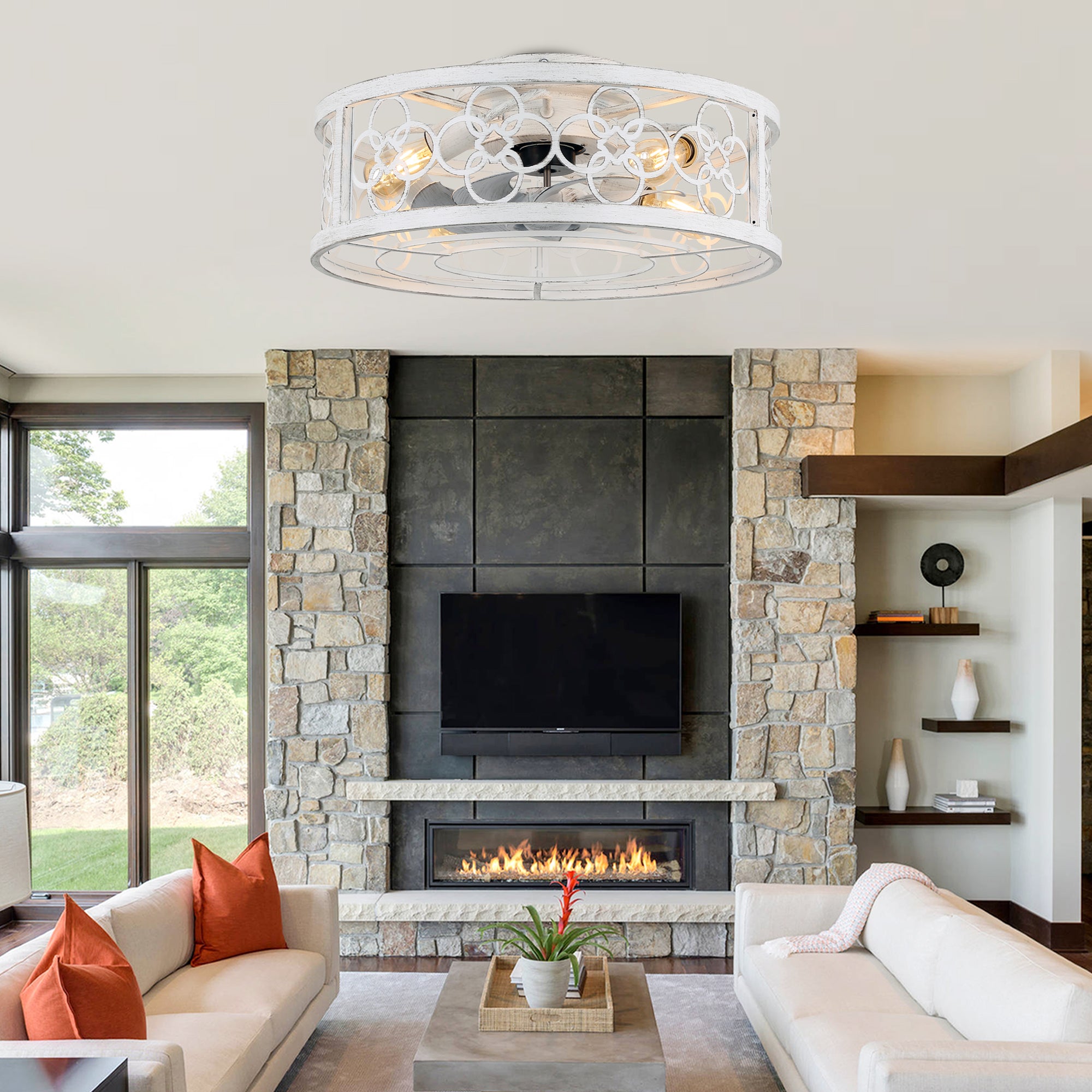 BD2073-BellaDepot 19.5" Farmhouse Distressed White Reversible Caged Ceiling Fan with 4 Lights and Remote