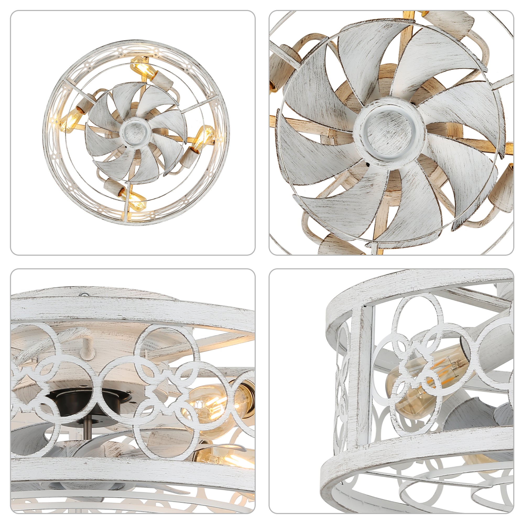 BD2073-BellaDepot 19.5" Farmhouse Distressed White Reversible Caged Ceiling Fan with 4 Lights and Remote
