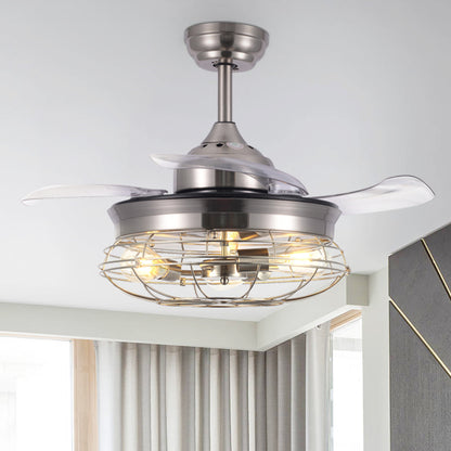 36" / 42" Modern Industrial 3-Light Retractable Ceiling Fan with Remote and Cage Frame