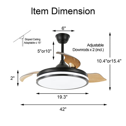 DC4260-42" Modern Simple Retractable Ceiling Fan, with Remote and LED Light Kit Included, DC Motor, 6 Speeds