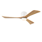 52 Inch Farmhouse Matte White Natural Wood Flush Mount Ceiling Fan with Lights & Remote Control, 6 Speed DC Motor Reversible Ceiling Fan