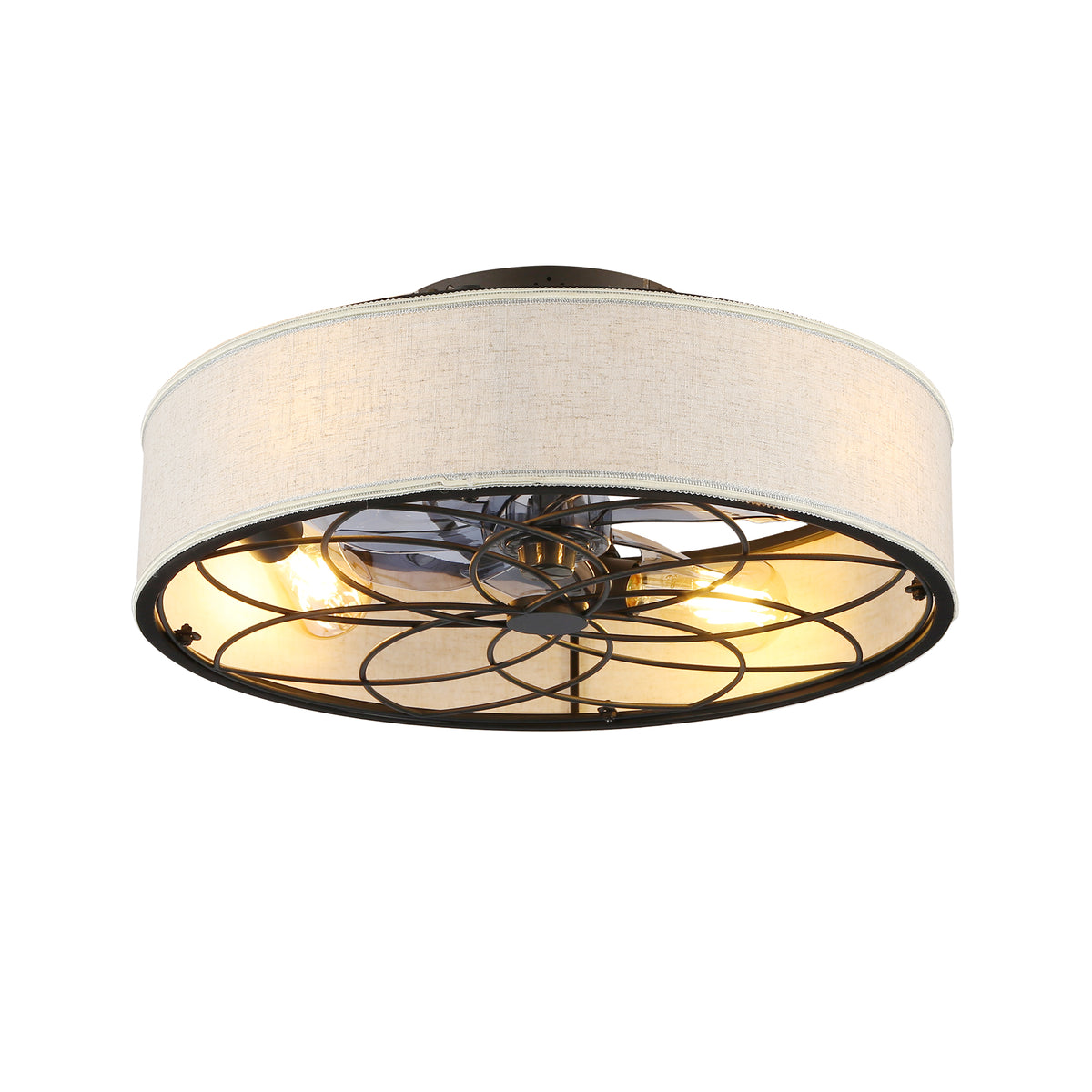 20 Inch Farmhouse Enclosed Fabric Shade Low Profile Bladeless Ceiling Fan with Remote Control, 6 Speed DC Motor Reversible Ceiling Fan