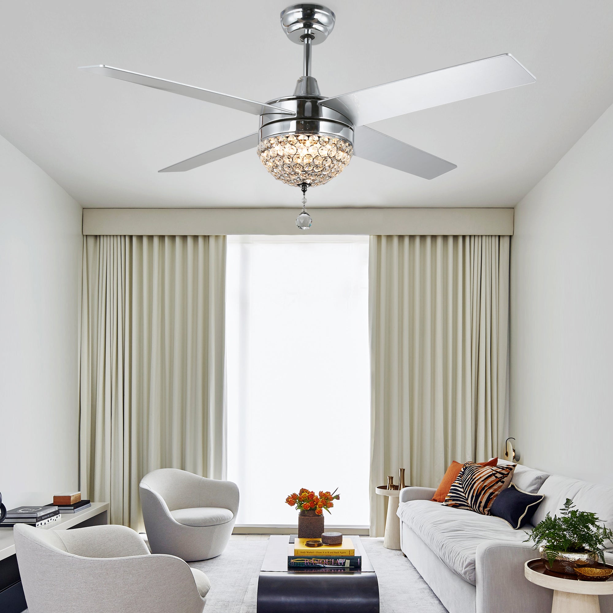 52 Inch Crystal Ceiling Fan with LED Light and Remote Control, 3-Speed Reversible Modern Chandelier Fan for Living Room