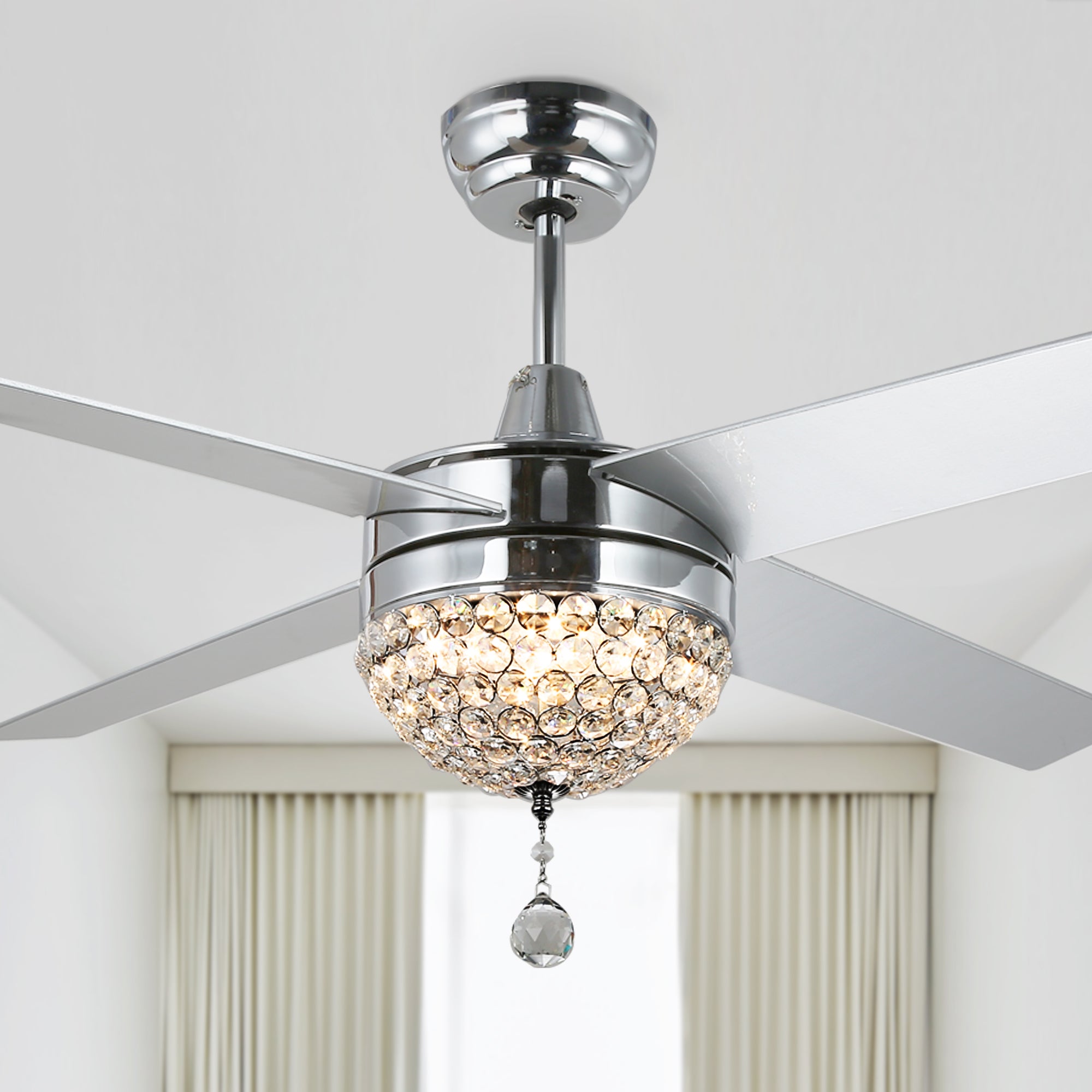 52 Inch Crystal Ceiling Fan with LED Light and Remote Control, 3-Speed Reversible Modern Chandelier Fan for Living Room