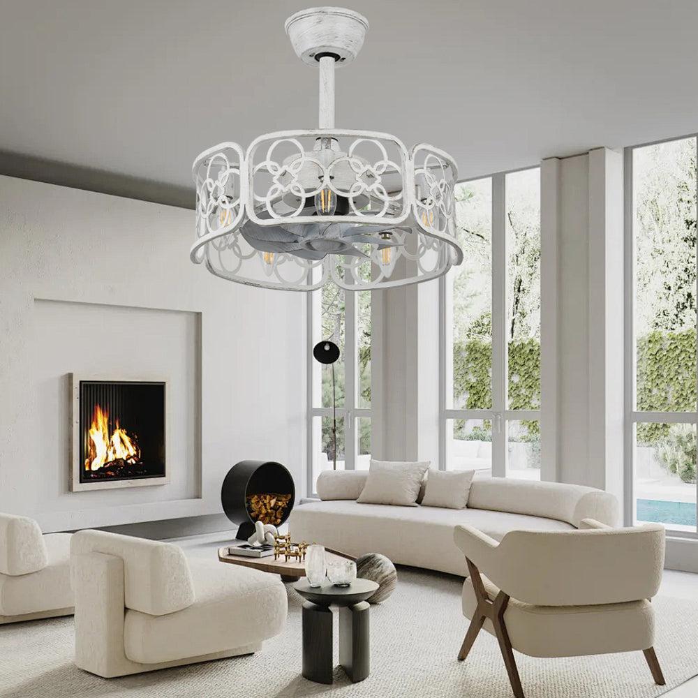 18 Inch Farmhouse Distressed White Caged Ceiling Fan with Lights and Remote, 8-Blade Reversible Bladeless Fandelier Ceiling Fan