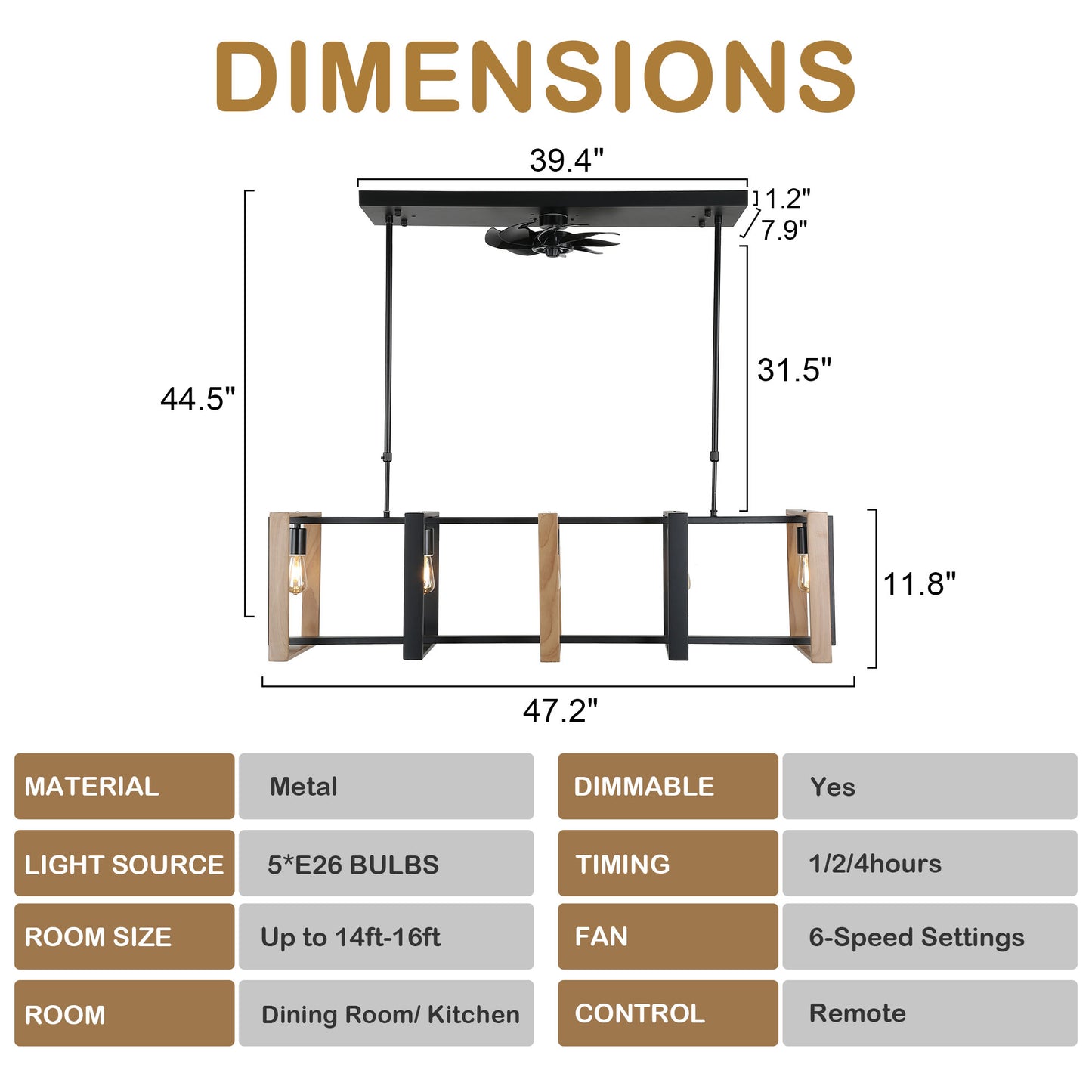 CT1002-47" Black and Wood Color Charm Ceiling Fan with Remote and Light Kit, Elegant Pendant for Dining Room Bar, Home Decoration