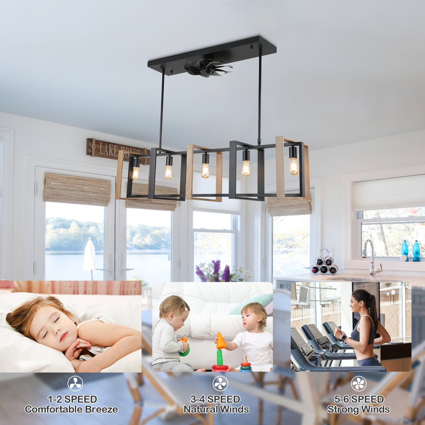 CT1002-47" Black and Wood Color Charm Ceiling Fan with Remote and Light Kit, Elegant Pendant for Dining Room Bar, Home Decoration