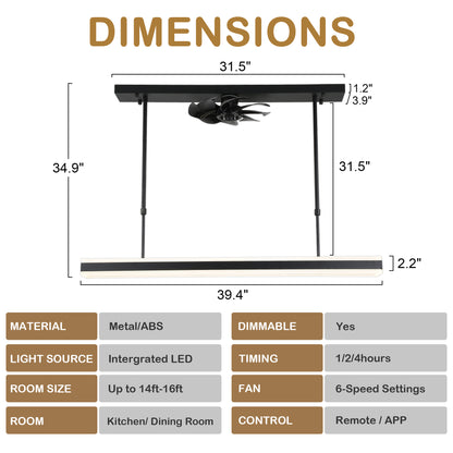 CT1003-39.4" Contemporary Black Color LED Ceiling Fan, with Remote and LED Light Kit Included, Creative Chandelier Lighting