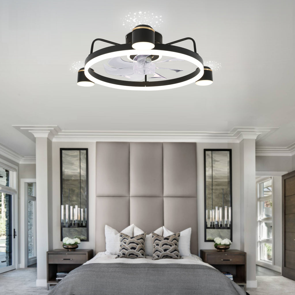 28 Inch Modern Black/Gold Smart Flush Mount Ceiling Fan with Dimmable LED Light and Remote, 6 Speeds DC Motor Low Profile Ceiling Fan