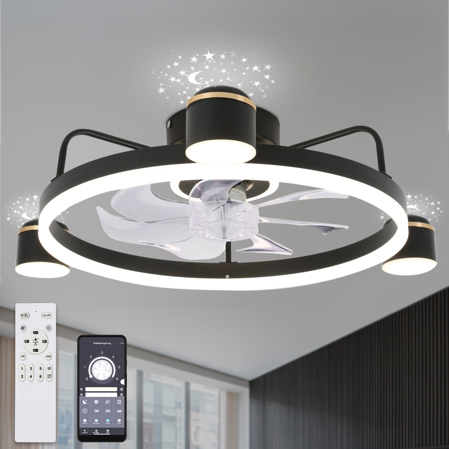 28 in. Starry Night Light Dimmable Ceiling Fan with Light and Remote, Reversible Blades