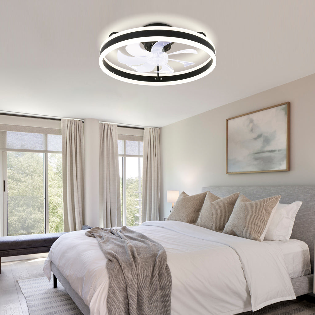 20 Inch Modern Smart Flush Mount Ceiling Fan with Dimmable LED Light and Remote, 6 Speeds DC Motor Reversible Bladeless Celing Fan for Bedroom