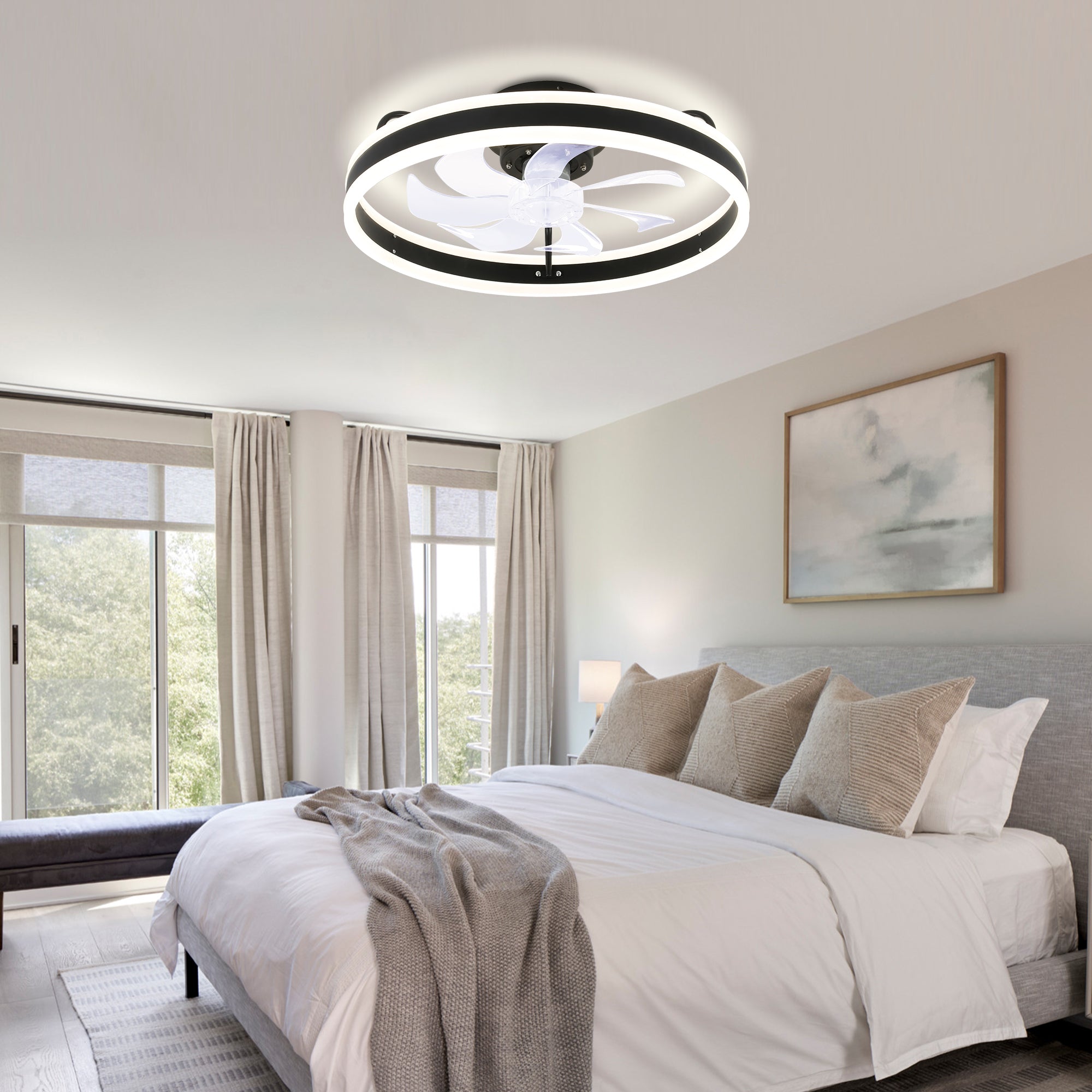 20 Inch Modern Smart Flush Mount Ceiling Fan with Dimmable LED Light and Remote, 6 Speeds DC Motor Reversible Bladeless Celing Fan for Bedroom