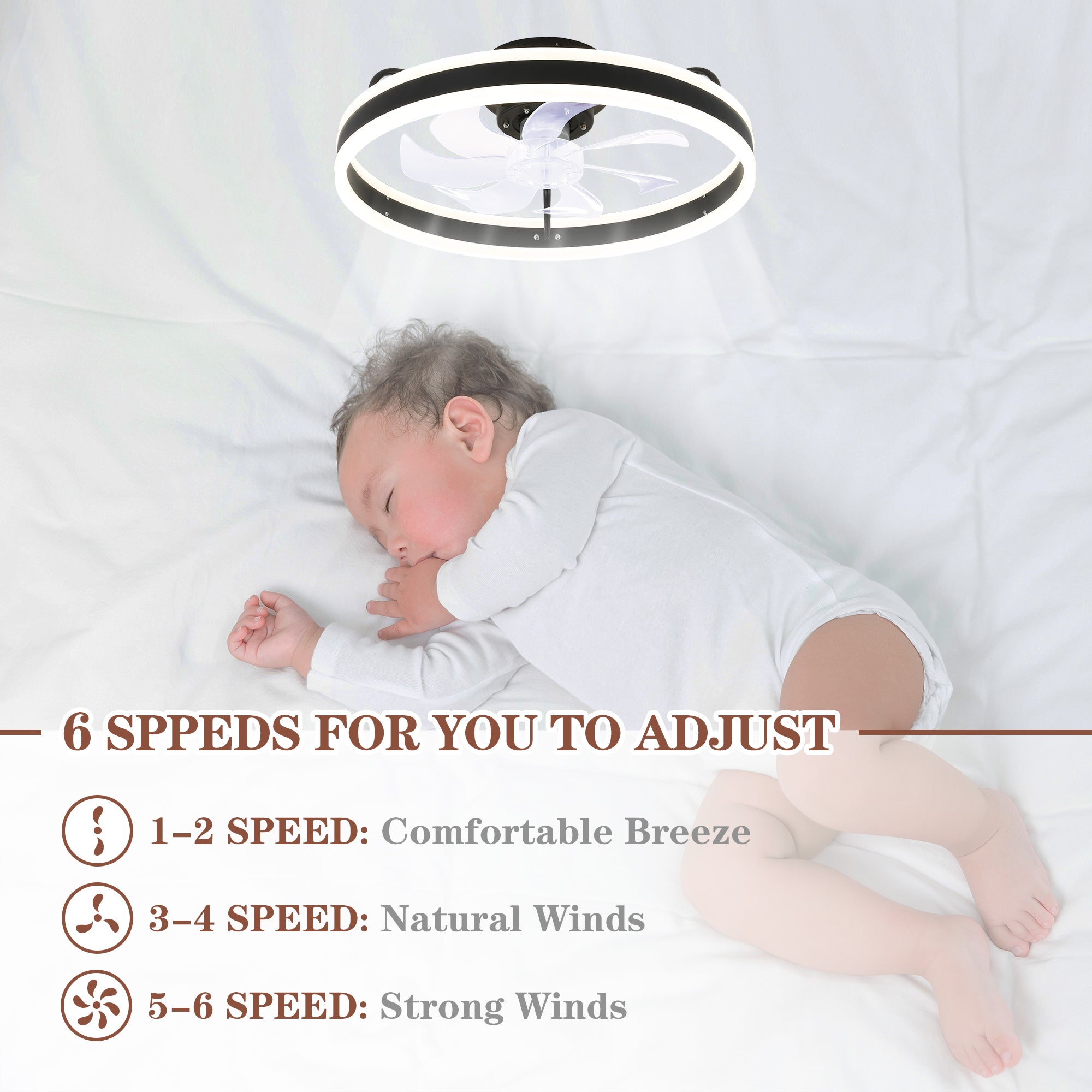 20 Inch Modern Smart Flush Mount Ceiling Fan with Dimmable LED Light and Remote, 6 Speeds DC Motor Reversible Bladeless Celing Fan for Bedroom
