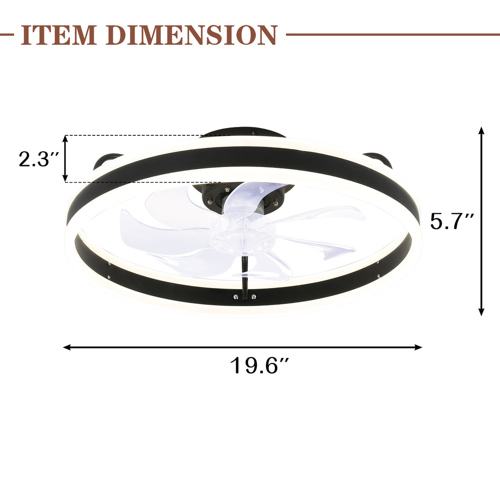 20 Inch Modern Smart Flush Mount Ceiling Fan with Dimmable LED Light and Remote, 6 Speeds DC Motor Reversible Bladeless Celing Fan for Bedroom