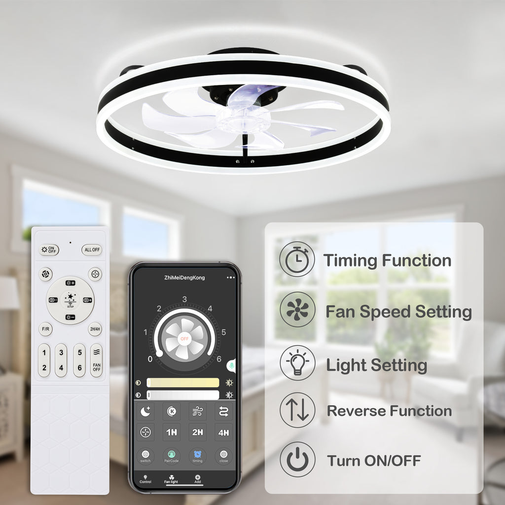 20 Inch Modern Smart Flush Mount Ceiling Fan with Dimmable LED Light and Remote, 6 Speeds DC Motor Reversible Bladeless Celing Fan for Bedroom