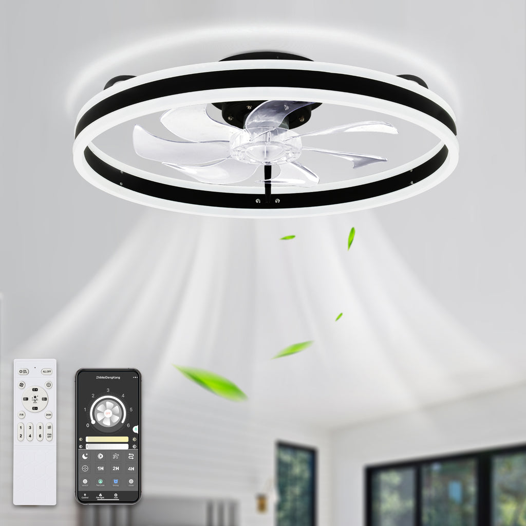 20 Inch Modern Smart Flush Mount Ceiling Fan with Dimmable LED Light and Remote, 6 Speeds DC Motor Reversible Bladeless Celing Fan for Bedroom