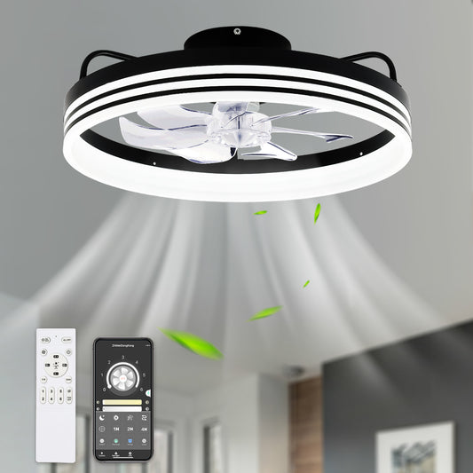 20" Low Profile Black Dimmable Ceiling Fan with LED Light and Remote, 6 Speed