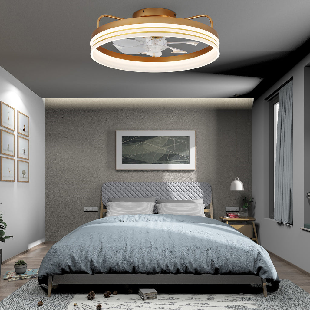 20 Inch Black/Gold/White Modern Flush Mount Ceiling Fan with Dimmable LED Light and Remote Control, 6 Speeds Bladeless Low Profile Ceiling Fan