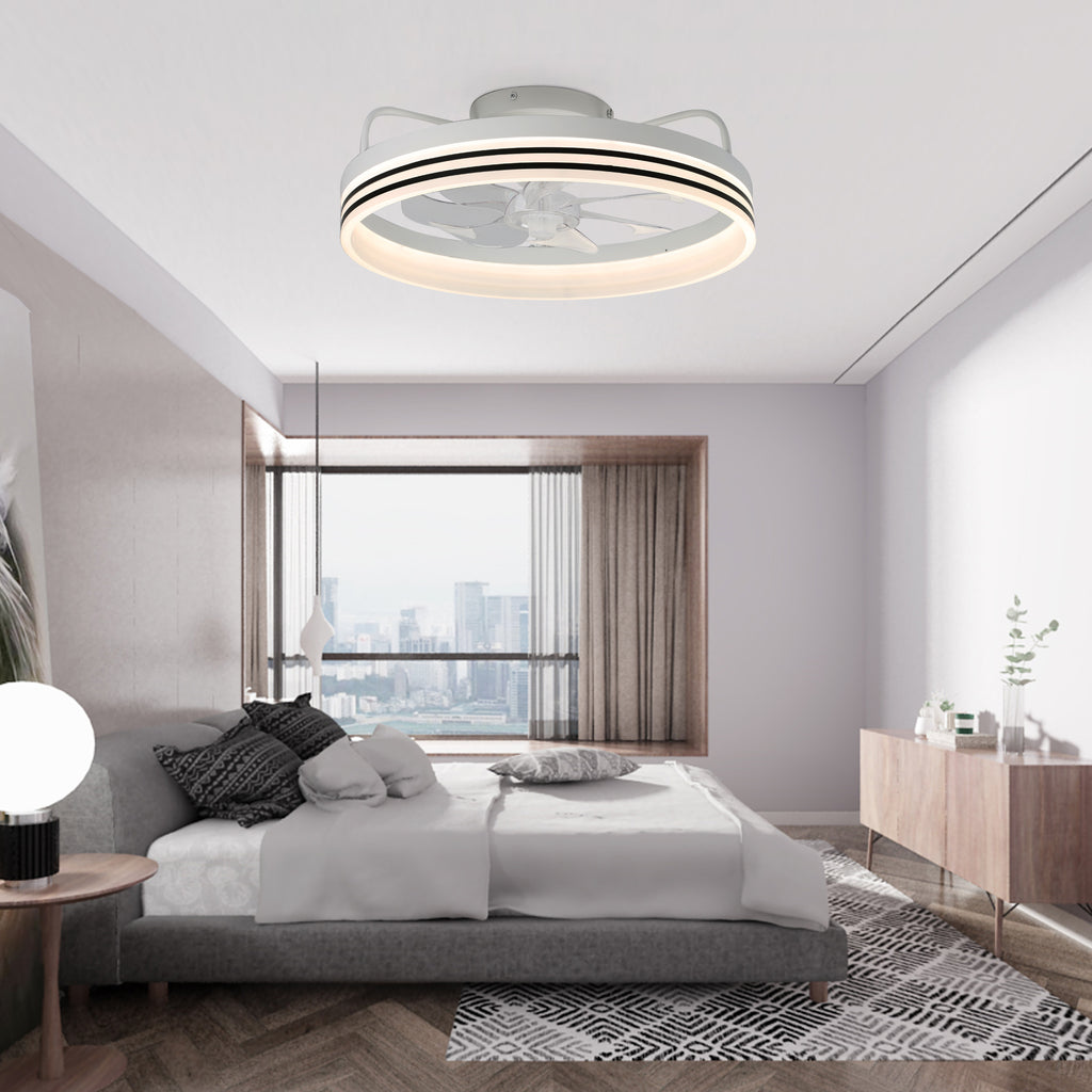 20 Inch Black/Gold/White Modern Flush Mount Ceiling Fan with Dimmable LED Light and Remote Control, 6 Speeds Bladeless Low Profile Ceiling Fan