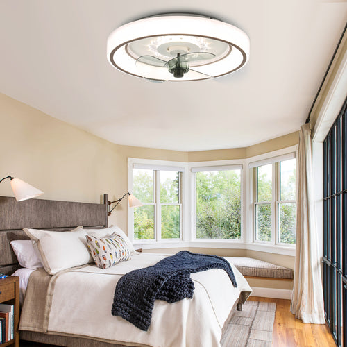 19 Inch White Modern Flush Mount Ceiling Fan with LED Light and Remote, 6 Speeds DC Motor Reeversible Bladeless Low Profile Ceiling Fan