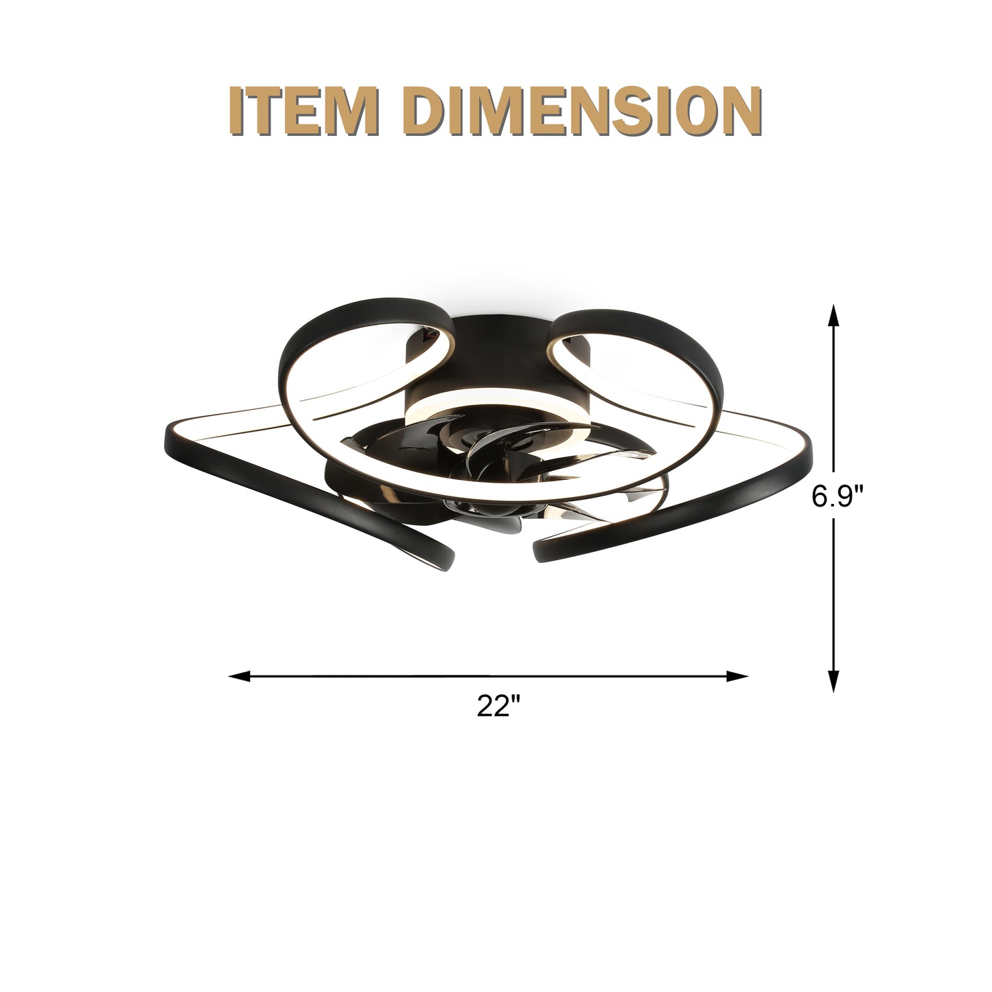 DC2203- 22" Black/Gold/Brown Low Profile Flush Mounted Ceiling Fan, with LED Light Kit Included and Remote